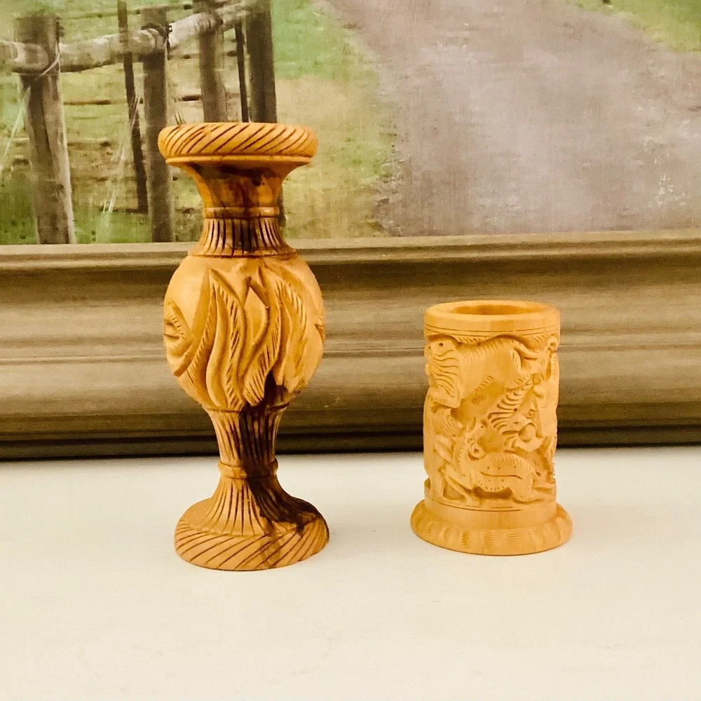 Handcrafted Carved Wooden Vase Pencil Holder Gift Set Of 2 Office Décor Vintage